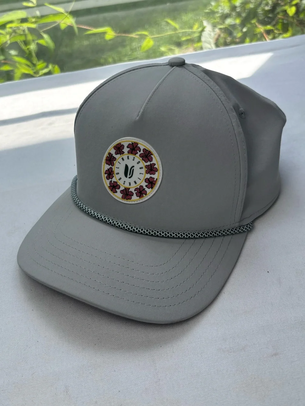 NEW Linksoul Gray 5 Panel Rope Trucker Hat Baseball Hat Pink Patch Snap Back